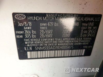 Zdjęcie 13 z 13 samochodu: 2019 HYUNDAI SANTA FE SEL 2.4L VIN:5NMS33AD7KH005475 - miniatura
