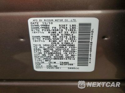 Zdjęcie 13 z 13 samochodu: 2011 NISSAN MURANO S VIN:JN8AZ1MW8BW167614 - miniatura