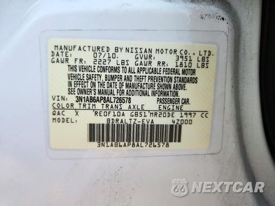 Zdjęcie 13 z 13 samochodu: 2010 NISSAN SENTRA 2.0 VIN:3N1AB6AP8AL726578 - miniatura