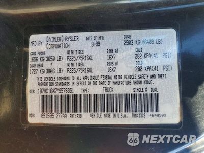 Zdjęcie 12 z 12 samochodu: 2000 DODGE RAM 1500 VIN:1B7HC16X7YS576351 - miniatura