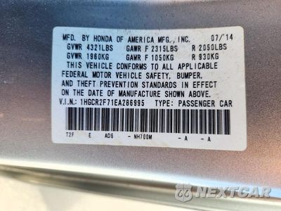 Zdjęcie 12 z 12 samochodu: 2014 HONDA ACCORD EX VIN:1HGCR2F71EA286995 - miniatura