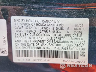 Zdjęcie 13 z 13 samochodu: 2022 HONDA CIVIC TOURING VIN:2HGFE1F91NH314669 - miniatura