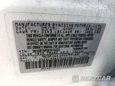 Zdjęcie 12 z 12 samochodu: 2019 NISSAN SENTRA SV VIN:3N1AB7AP5KY415202 - miniatura