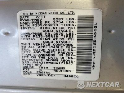 Zdjęcie 13 z 13 samochodu: 2011 NISSAN MURANO S VIN:JN8AZ1MW0BW171947 - miniatura