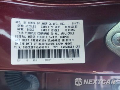 Zdjęcie 12 z 12 samochodu: 2016 HONDA ACCORD EX VIN:1HGCR2F75GA062373 - miniatura