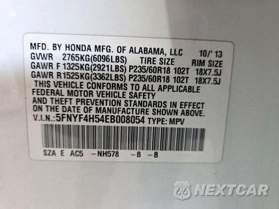 Zdjęcie 14 z 14 samochodu: 2014 HONDA PILOT EXL VIN:5FNYF4H54EB008054 - miniatura