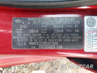 Zdjęcie 12 z 12 samochodu: 2008 KIA SPECTRA VIN:KNAFE121385017300 - miniatura