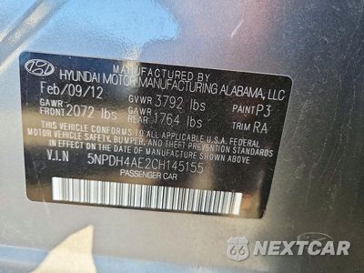 Zdjęcie 12 z 12 samochodu: 2012 HYUNDAI ELANTRA GLS VIN:5NPDH4AE2CH145155 - miniatura