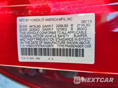 Zdjęcie 12 z 12 samochodu: 2019 HONDA ACCORD SPORT VIN:1HGCV1F37KA122875 - miniatura