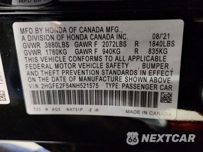 Zdjęcie 12 z 12 samochodu: 2022 HONDA CIVIC SPORT VIN:2HGFE2F54NH521575 - miniatura