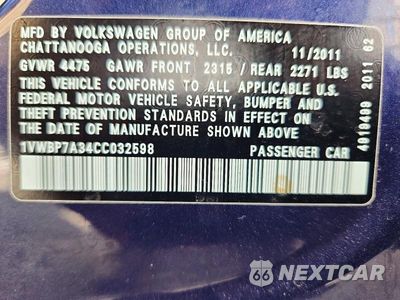 Zdjęcie 12 z 12 samochodu: 2012 VOLKSWAGEN PASSAT SE VIN:1VWBP7A34CC032598 - miniatura
