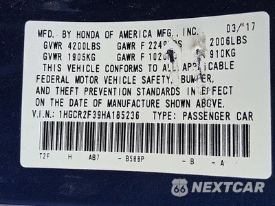 Zdjęcie 12 z 12 samochodu: 2017 HONDA ACCORD LX VIN:1HGCR2F39HA185236 - miniatura