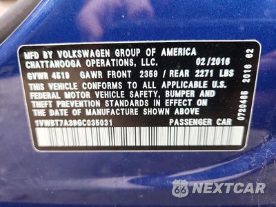 Zdjęcie 13 z 13 samochodu: 2016 VOLKSWAGEN PASSAT SE VIN:1VWBT7A39GC035031 - miniatura