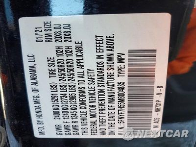 Zdjęcie 13 z 13 samochodu: 2021 HONDA PASSPORT EXL VIN:5FNYF7H55MB004885 - miniatura