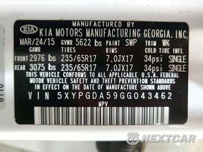 Zdjęcie 13 z 13 samochodu: 2016 KIA SORENTO LX V6 VIN:5XYPGDA59GG043462 - miniatura