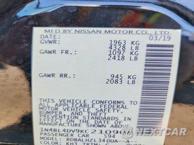 Zdjęcie 13 z 13 samochodu: 2019 NISSAN ALTIMA SV VIN:1N4BL4DV9KC210908 - miniatura