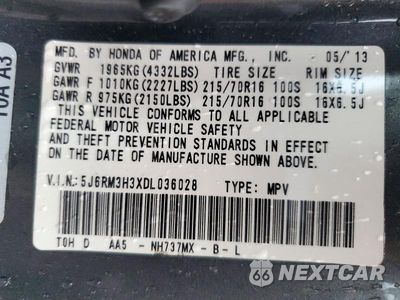 Zdjęcie 13 z 13 samochodu: 2013 HONDA CR-V LX VIN:5J6RM3H3XDL036028 - miniatura