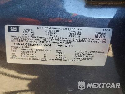 Zdjęcie 13 z 13 samochodu: 2015 CHEVROLET EQUINOX LT VIN:1GNALCEK2FZ116674 - miniatura
