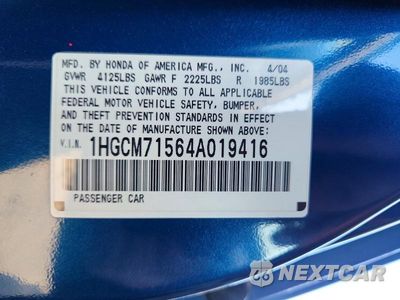 Zdjęcie 12 z 12 samochodu: 2004 HONDA ACCORD EX VIN:1HGCM71564A019416 - miniatura