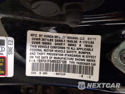 Zdjęcie 12 z 12 samochodu: 2011 HONDA CIVIC LX VIN:19XFA1F54BE037109 - miniatura