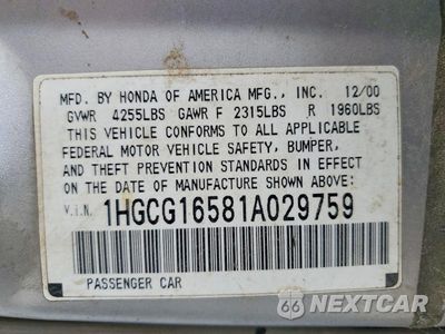 Zdjęcie 12 z 12 samochodu: 2001 HONDA ACCORD EX VIN:1HGCG16581A029759 - miniatura