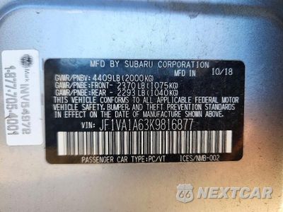 Zdjęcie 12 z 12 samochodu: 2019 SUBARU WRX VIN:JF1VA1A63K9816877 - miniatura