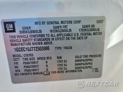 Zdjęcie 12 z 12 samochodu: 2007 CHEVROLET SILVERADO C1500 VIN:1GCEC19J77Z563986 - miniatura