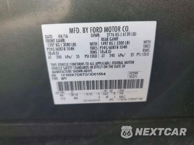 Zdjęcie 13 z 13 samochodu: 2016 FORD EXPLORER XLT VIN:1FM5K7D87GGD01564 - miniatura