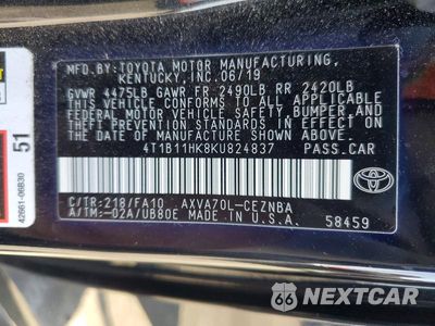 Zdjęcie 12 z 12 samochodu: 2019 TOYOTA CAMRY LE VIN:4T1B11HK8KU824837 - miniatura