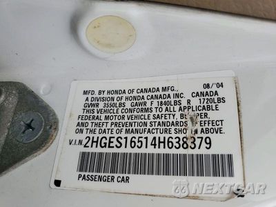 Zdjęcie 12 z 12 samochodu: 2004 HONDA CIVIC LX VIN:2HGES16514H638379 - miniatura