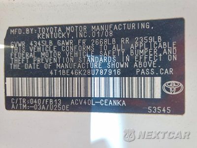 Zdjęcie 12 z 12 samochodu: 2008 TOYOTA CAMRY LE VIN:4T1BE46K28U787916 - miniatura