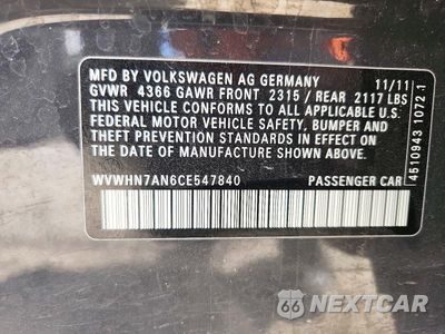 Zdjęcie 12 z 12 samochodu: 2012 VOLKSWAGEN CC LUXURY VIN:WVWHN7AN6CE547840 - miniatura