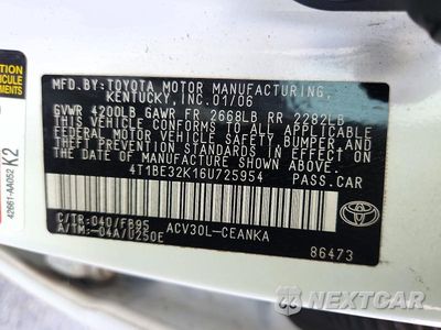 Zdjęcie 12 z 12 samochodu: 2006 TOYOTA CAMRY LE VIN:4T1BE32K16U725954 - miniatura