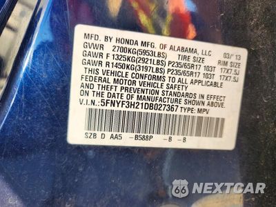Zdjęcie 13 z 13 samochodu: 2013 HONDA PILOT LX VIN:5FNYF3H21DB027367 - miniatura