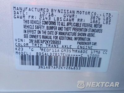 Zdjęcie 13 z 13 samochodu: 2019 NISSAN SENTRA SV VIN:3N1AB7AP2KY286853 - miniatura