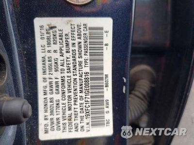 Zdjęcie 12 z 12 samochodu: 2016 HONDA CIVIC EXL VIN:19XFC1F71GE008816 - miniatura