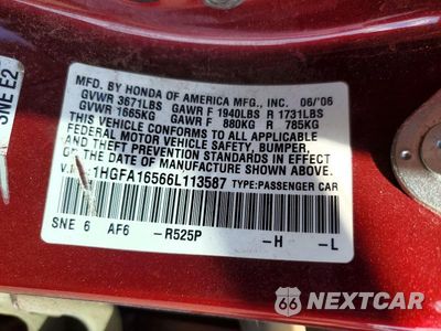 Zdjęcie 12 z 12 samochodu: 2006 HONDA CIVIC LX VIN:1HGFA16566L113587 - miniatura
