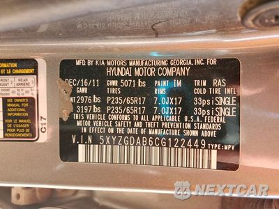 Zdjęcie 13 z 13 samochodu: 2012 HYUNDAI SANTA FE GLS VIN:5XYZGDAB6CG122449 - miniatura