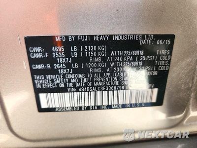 Zdjęcie 12 z 12 samochodu: 2015 SUBARU OUTBACK 2.5I LIMITED VIN:4S4BSALC3F3360798 - miniatura