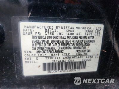 Zdjęcie 12 z 12 samochodu: 2012 NISSAN VERSA 1.6 S VIN:3N1CN7AP0CL803632 - miniatura