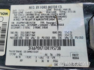 Zdjęcie 12 z 12 samochodu: 2013 FORD FUSION SE VIN:3FA6P0H71DR195738 - miniatura