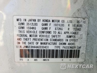 Zdjęcie 12 z 12 samochodu: 2010 HONDA FIT SPORT VIN:JHMGE8H44AC030431 - miniatura