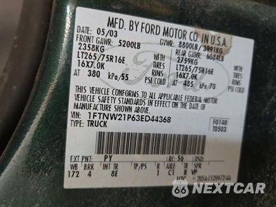 Zdjęcie 12 z 12 samochodu: 2003 FORD F250 SUPER DUTY VIN:1FTNW21P63ED44368 - miniatura