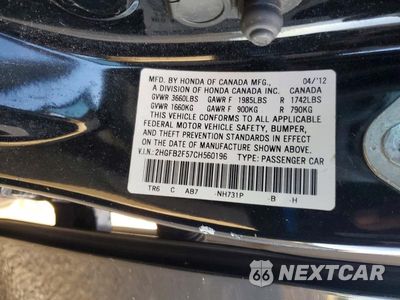 Zdjęcie 12 z 12 samochodu: 2012 HONDA CIVIC LX VIN:2HGFB2F57CH560196 - miniatura