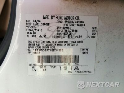 Zdjęcie 12 z 12 samochodu: 2004 FORD F350 SRW SUPER DUTY VIN:1FTSW31P74ED34393 - miniatura