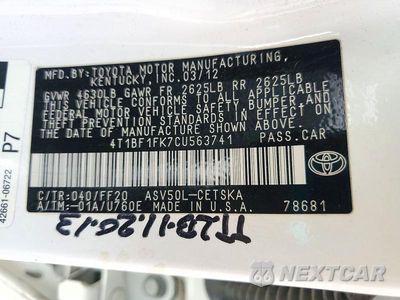 Zdjęcie 12 z 12 samochodu: 2012 TOYOTA CAMRY SE VIN:4T1BF1FK7CU563741 - miniatura