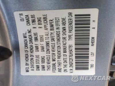 Zdjęcie 12 z 12 samochodu: 2018 HONDA CIVIC EX VIN:2HGFC2F76JH547791 - miniatura