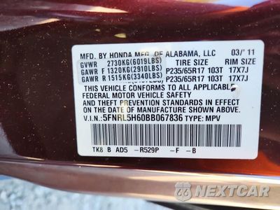 Zdjęcie 13 z 13 samochodu: 2011 HONDA ODYSSEY EXL VIN:5FNRL5H60BB067836 - miniatura
