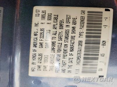 Zdjęcie 12 z 12 samochodu: 2007 HONDA ACCORD EX VIN:1HGCM56767A112858 - miniatura