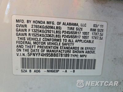 Zdjęcie 13 z 13 samochodu: 2011 HONDA PILOT TOURING VIN:5FNYF4H95BB078189 - miniatura